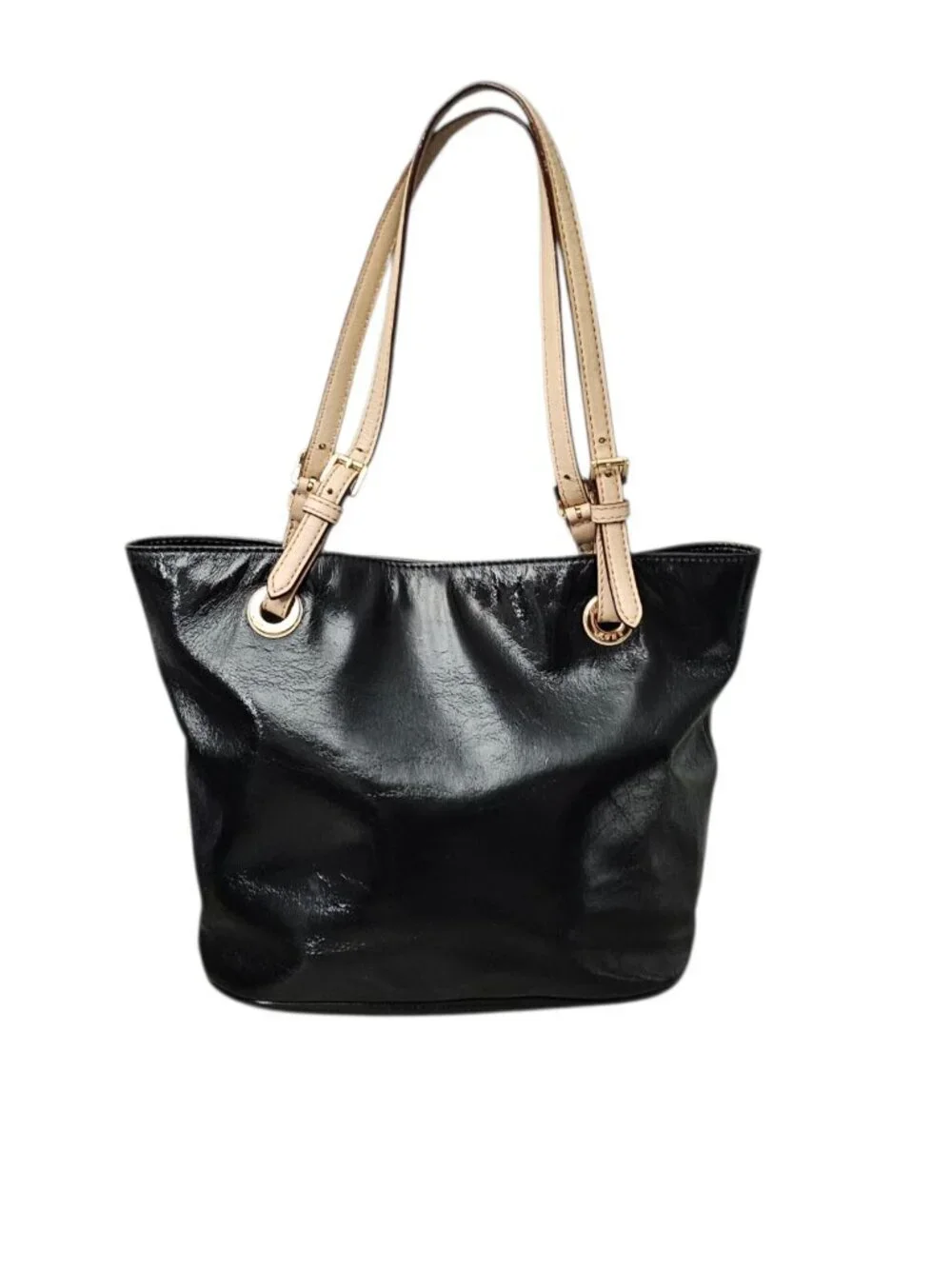Michael Michael Kors Patent Leather Tote Buckle Shoulder Bag COA Black Tan